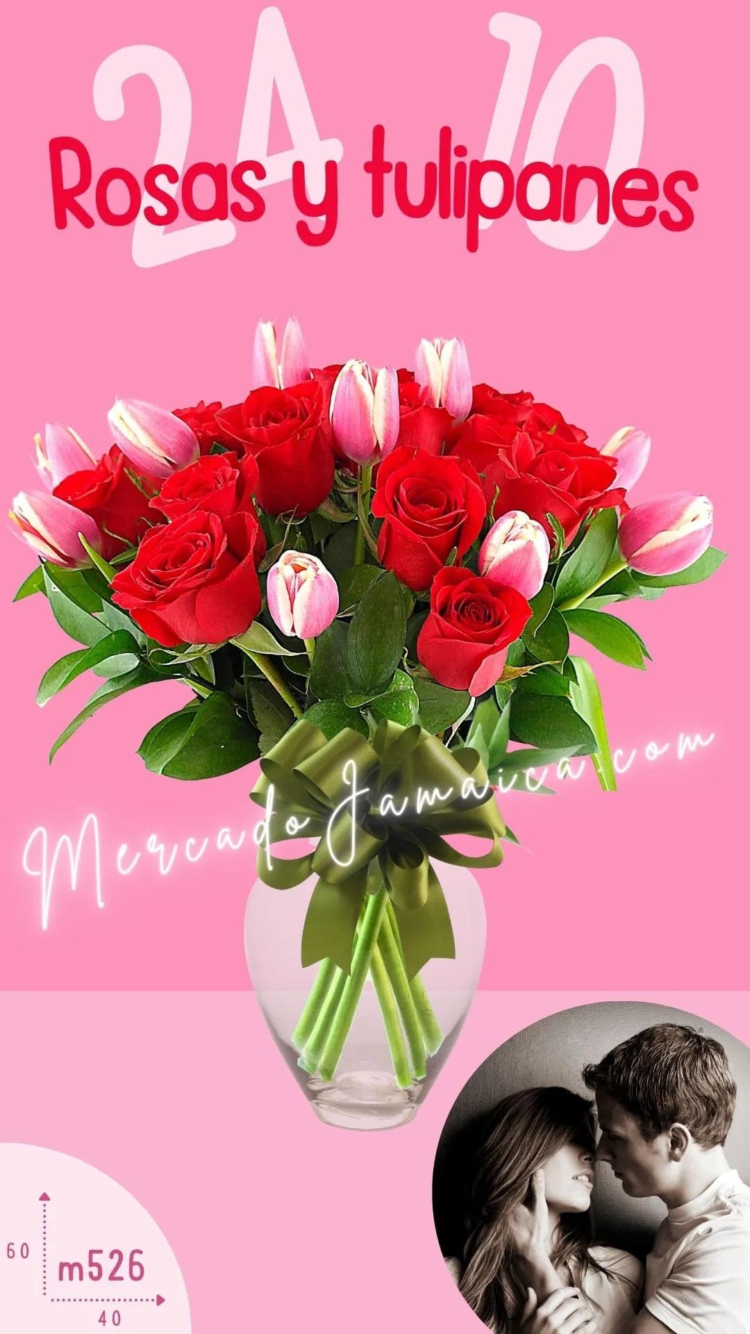 24 Rosas Rojas y 10 Tulipanes en Jarrón CDMX