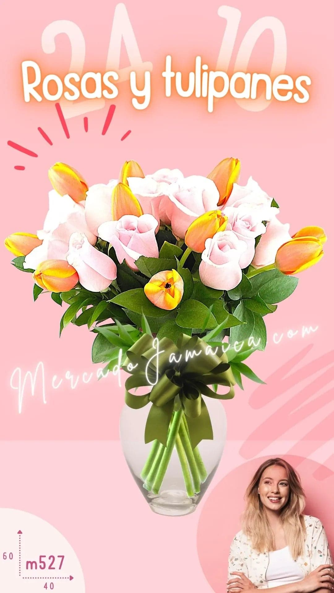 10 Tulipanes Naranja y 24 Rosas Rosa | CDMX