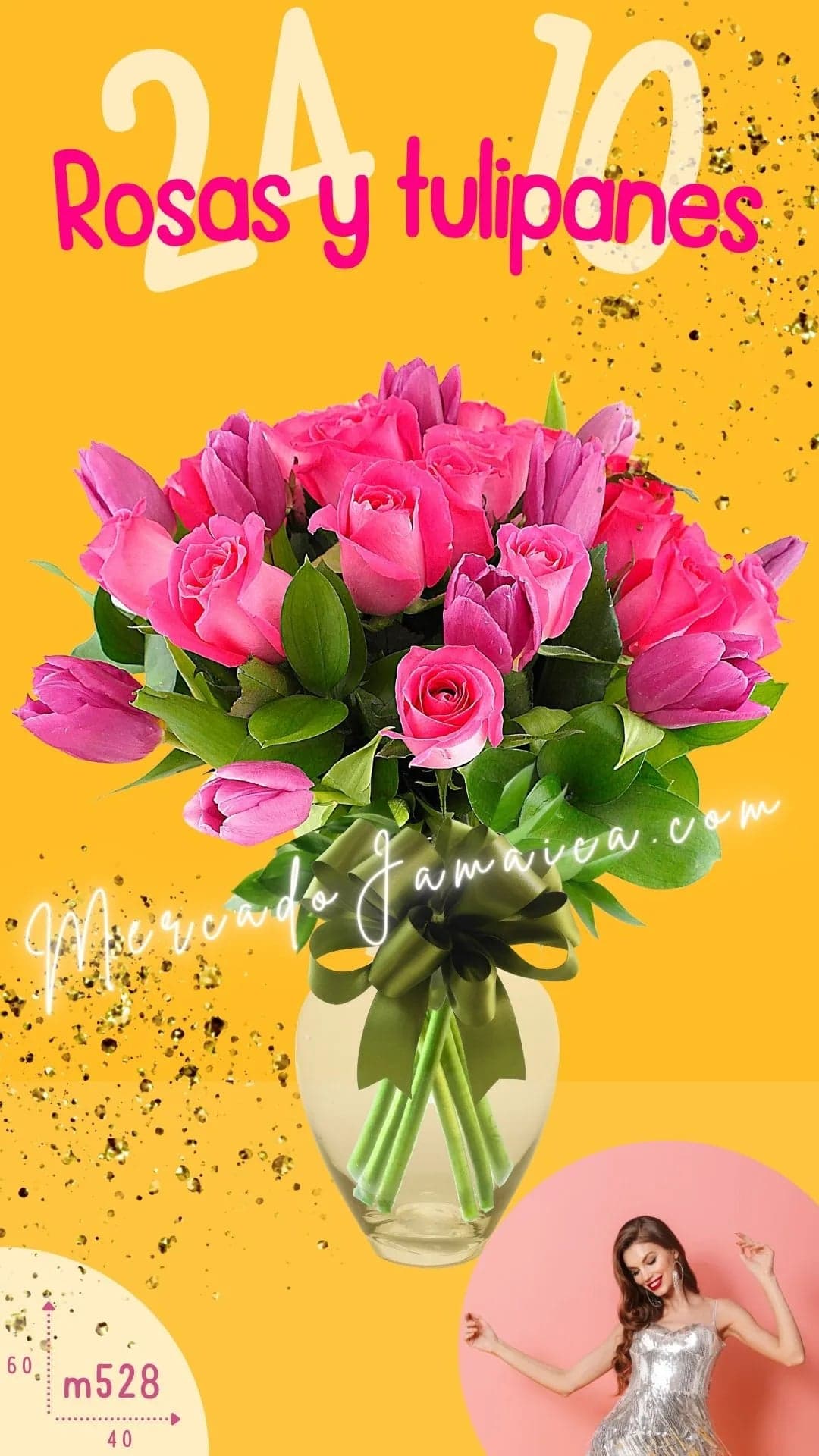 Arreglo 24 Rosas Fucsia y 10 Tulipanes Morados CDMX