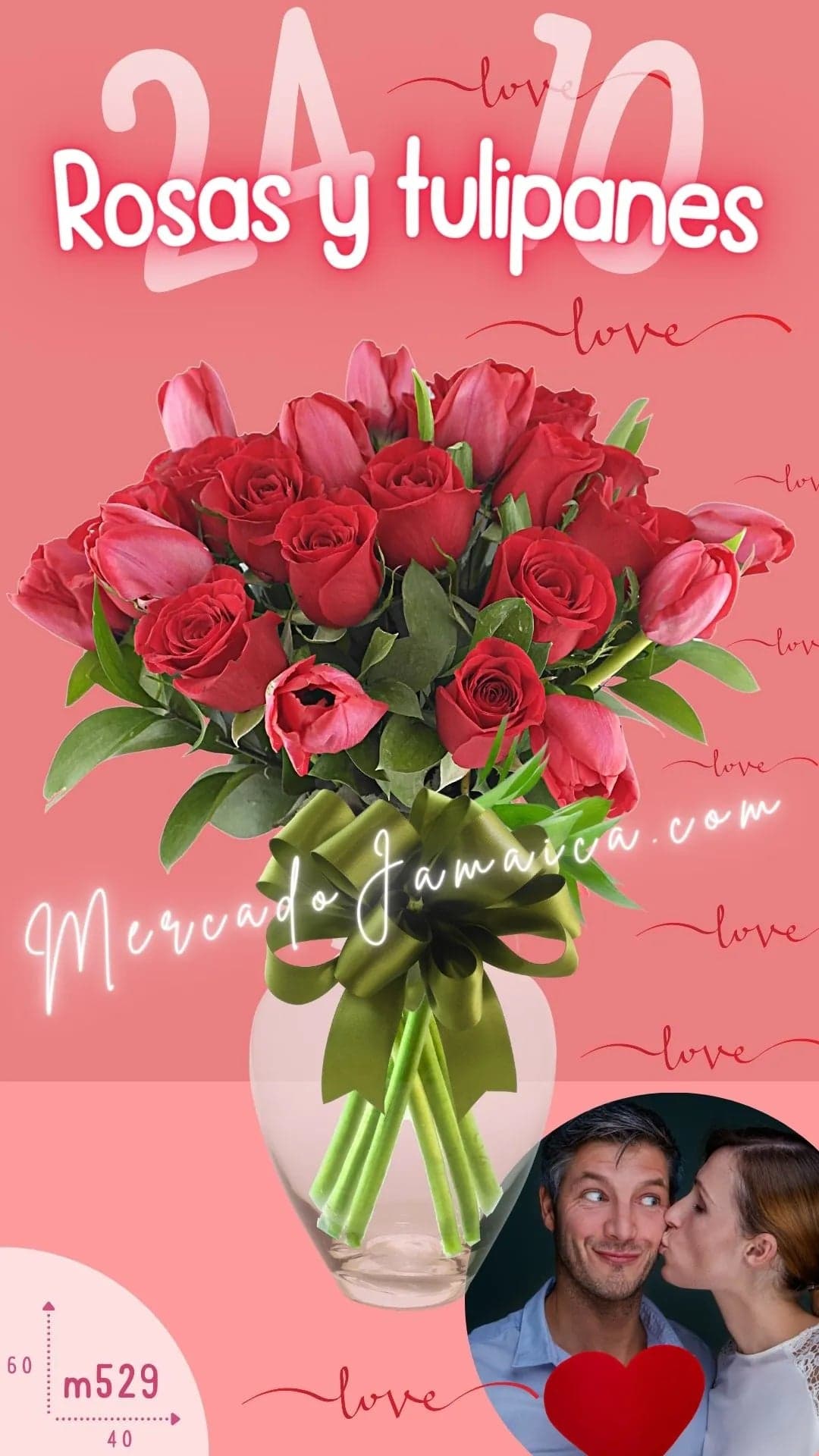 10 Tulipanes y 24 Rosas Rojas en Jarrón CDMX