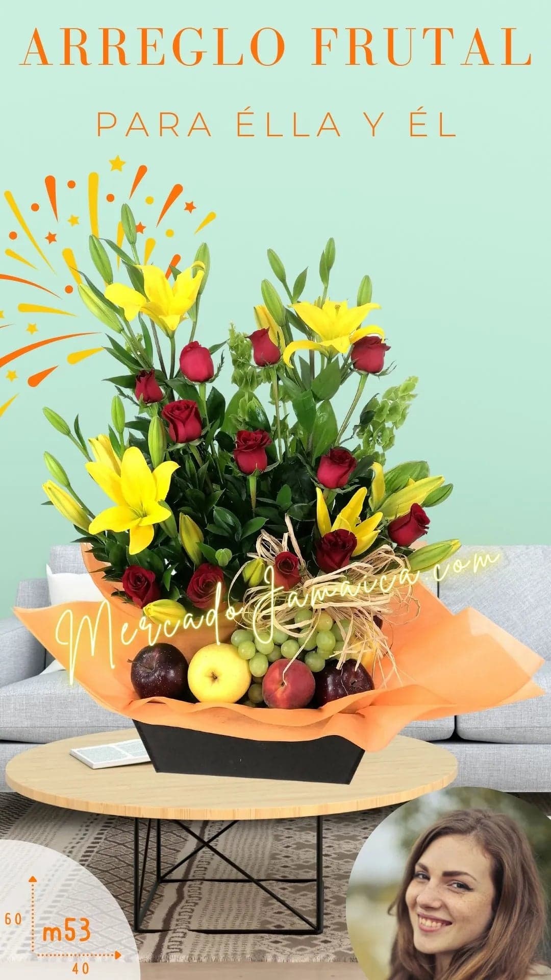 Arreglo Frutal con Lilies y Rosas Rojas CDMX