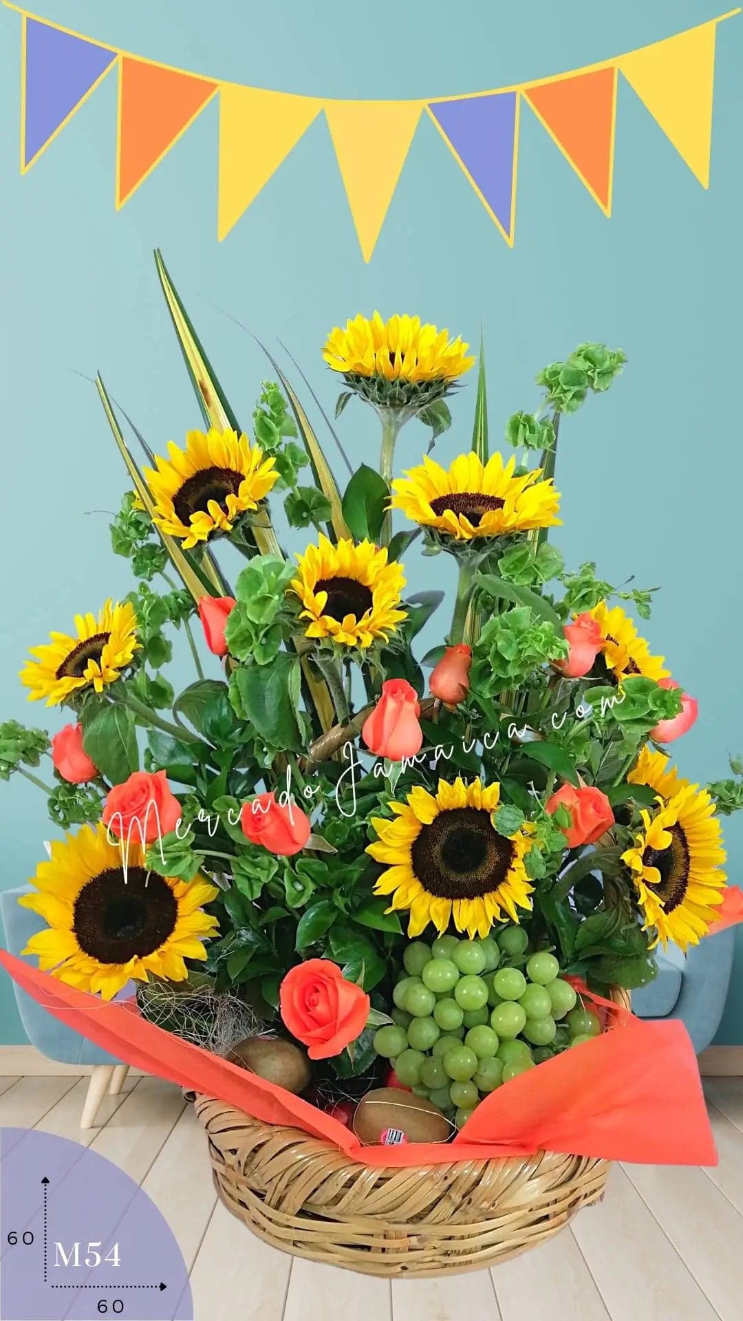 Arreglo Frutal con Girasoles y Rosas Naranja CDMX