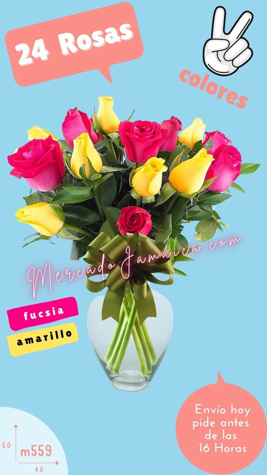 24 Rosas Fucsia y Amarillas en Base de Vidrio CDMX