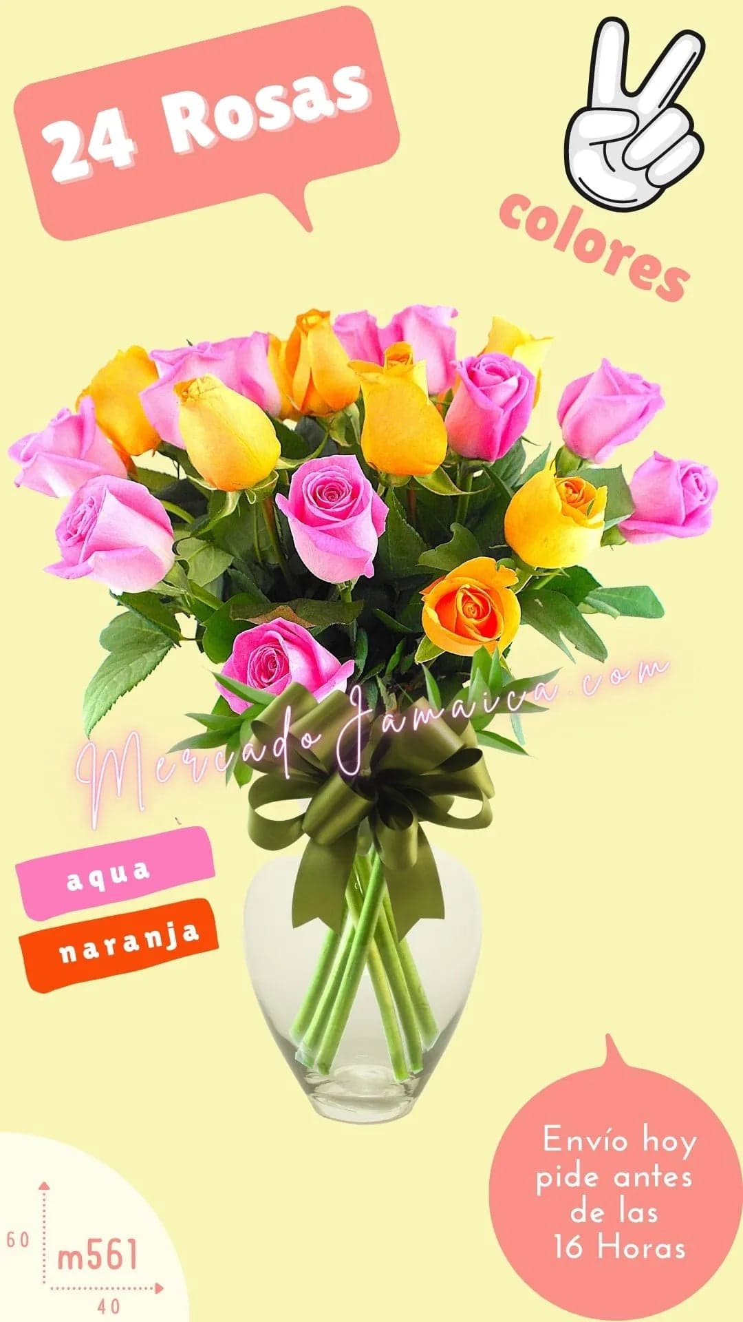 24 Rosas Aqua y Naranja en Base Vidrio CDMX