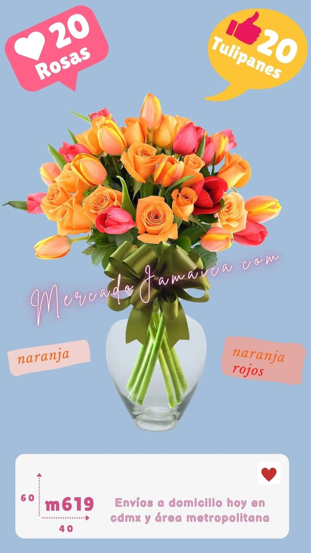 Arreglo Tulipanes Naranja y Rosas Venus CDMX