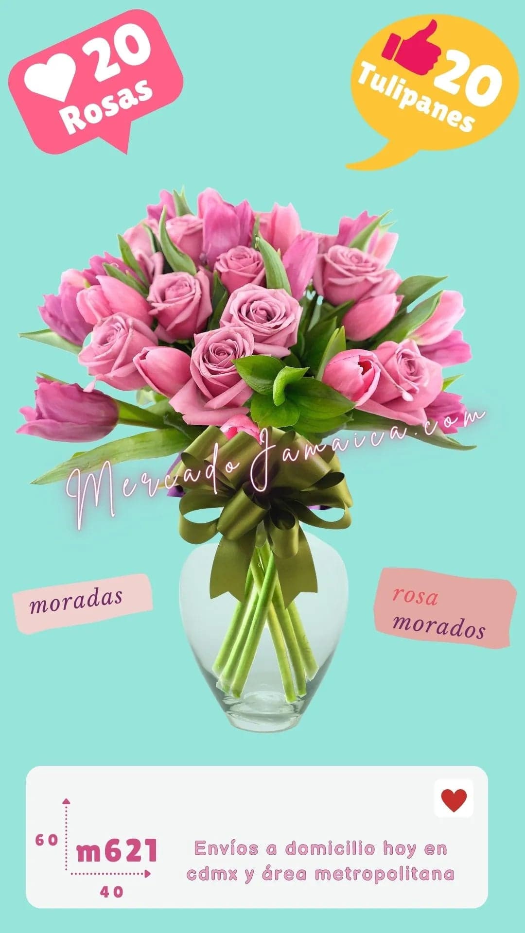 Arreglo 10 Tulipanes Rosa, Morados y 20 Rosas CDMX