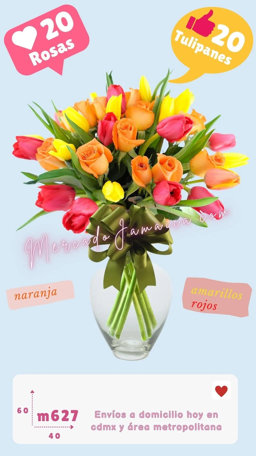 Arreglo 20 Rosas Naranja y 10 Tulipanes CDMX