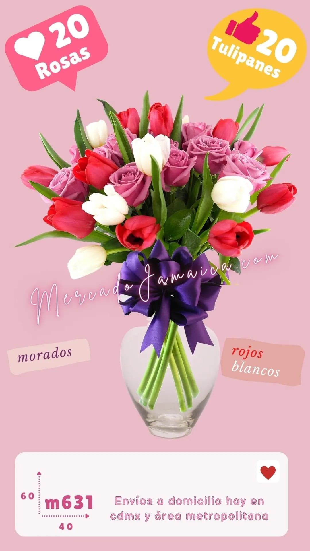 Arreglo 20 Rosas Moradas y Tulipanes CDMX