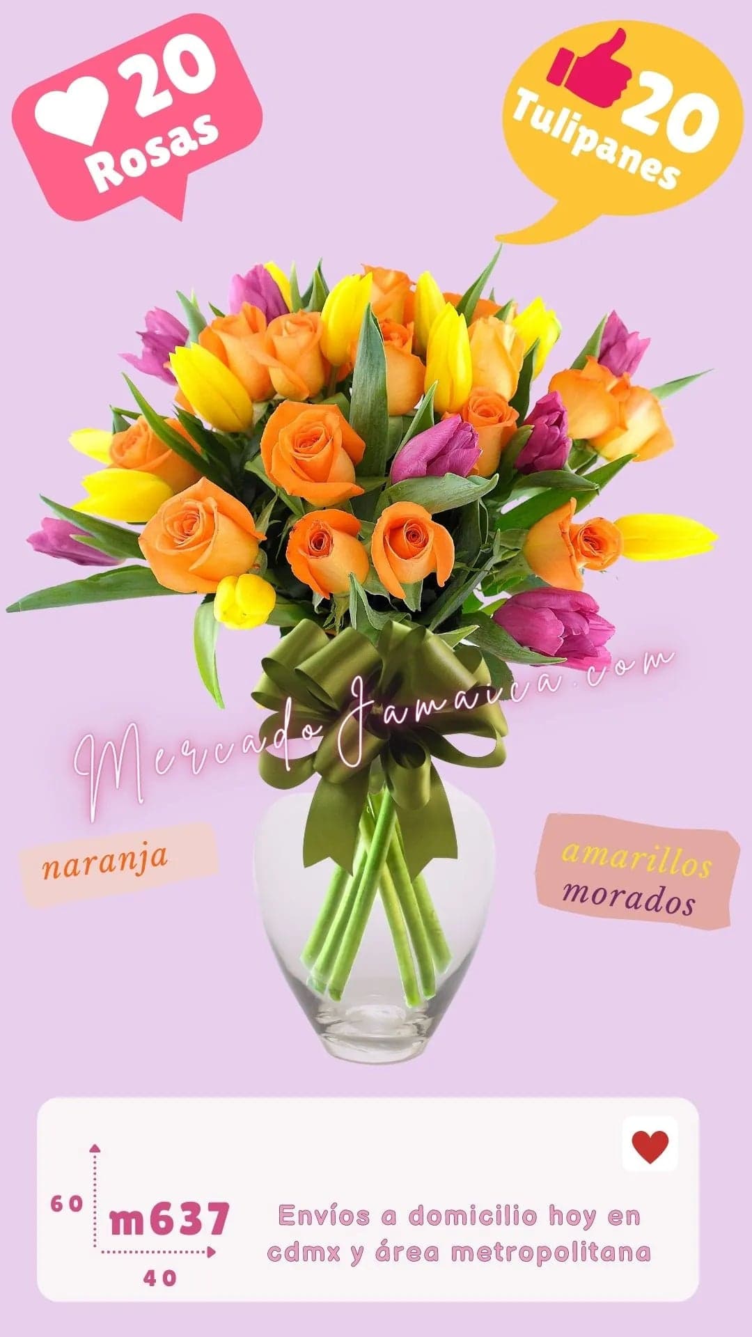 Tulipanes Amarillos, Morados y 20 Rosas Naranja CDMX