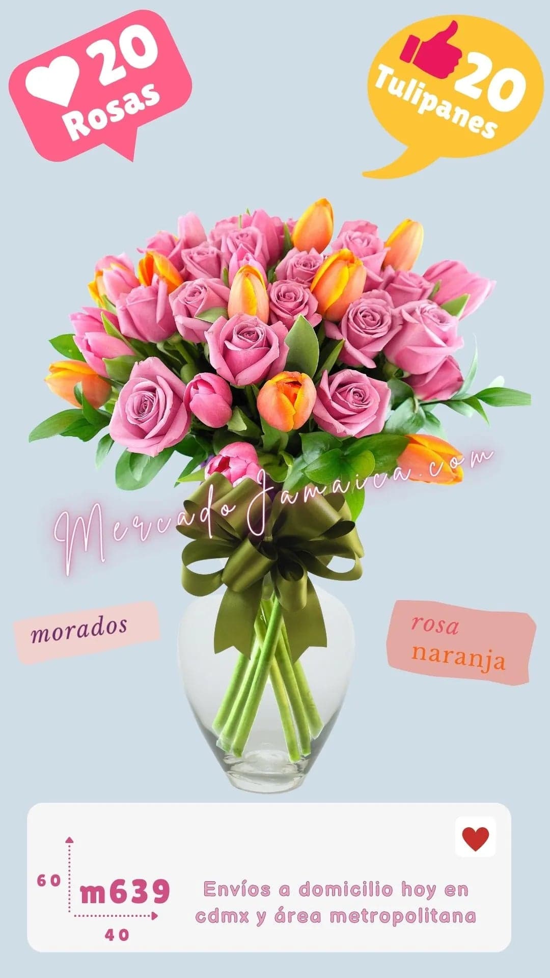Arreglo Tulipanes Rosa, Naranja y Rosas Moradas CDMX