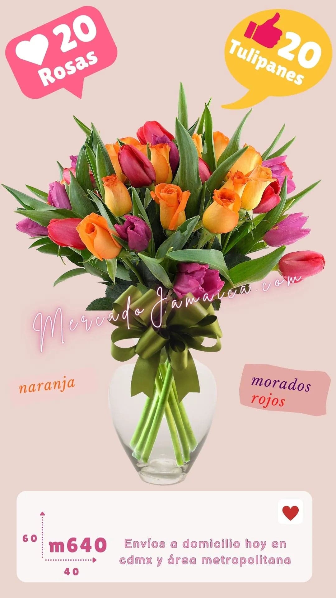 Arreglo Tulipanes Rojos, Morados y Rosas Naranja CDMX