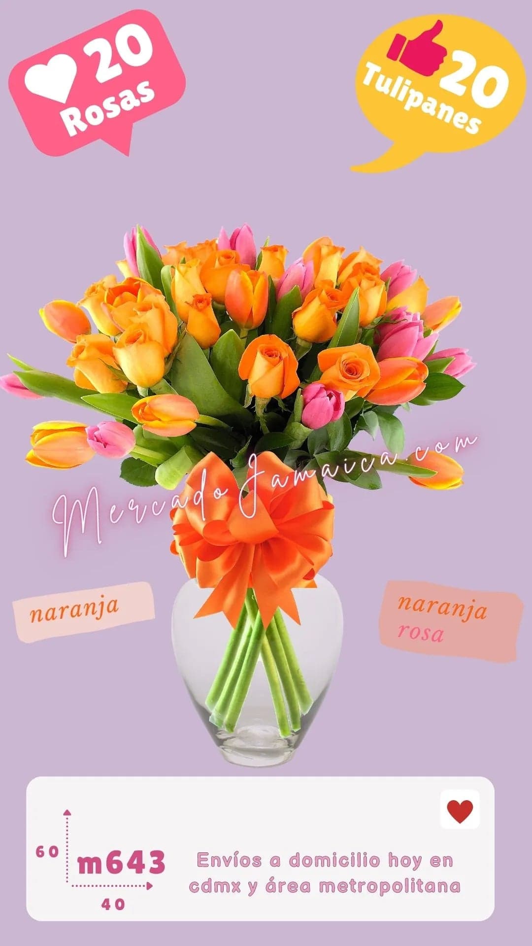 Arreglo 10 Tulipanes Naranja y 20 Rosas CDMX