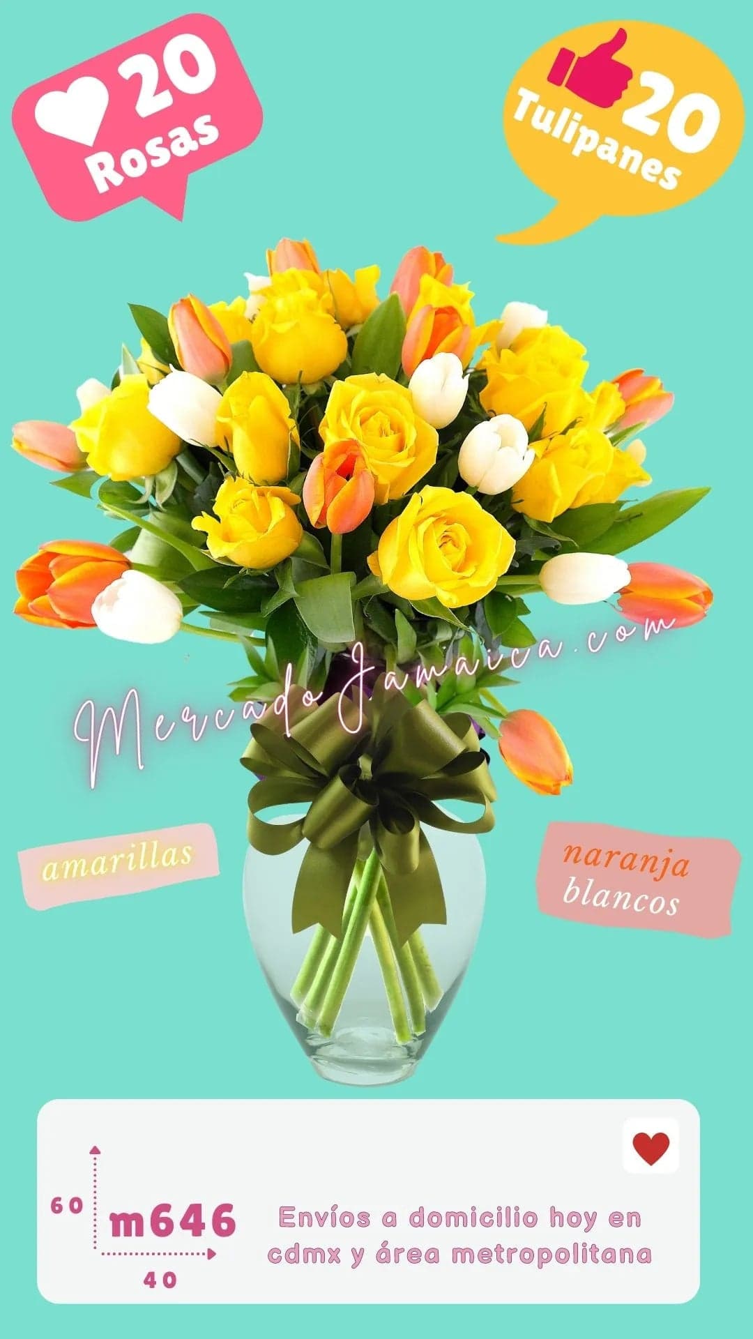 Arreglo 10 Tulipanes Naranja y 20 Rosas CDMX