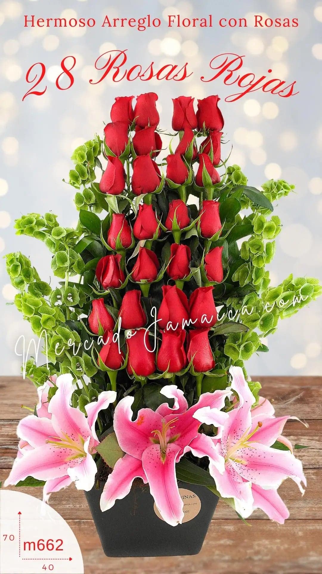 28 Rosas Rojas Jumbo Rosette con Lilies – CDMX