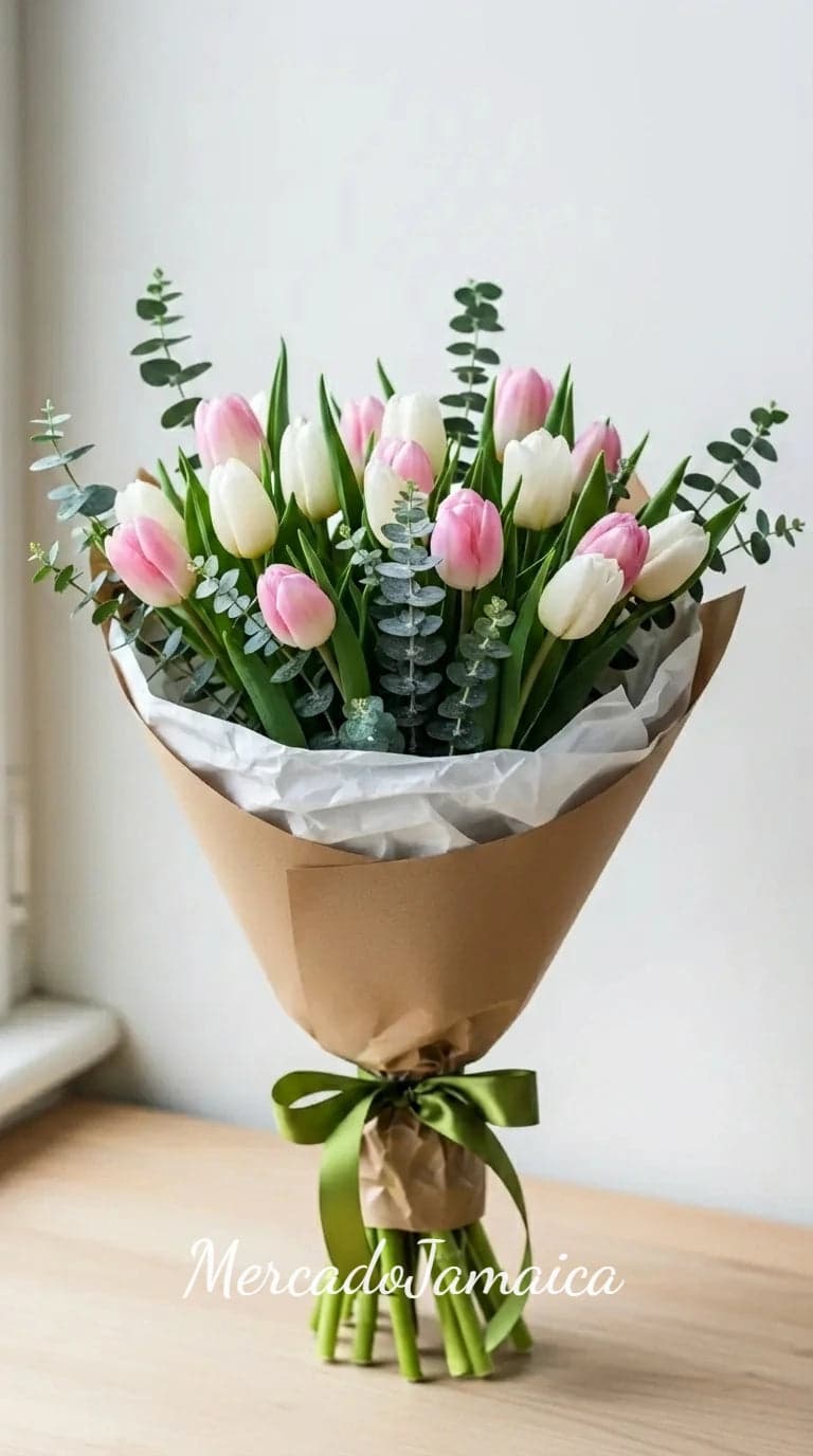 Ramo 20 Tulipanes Rosa Pastel y Blanco CDMX