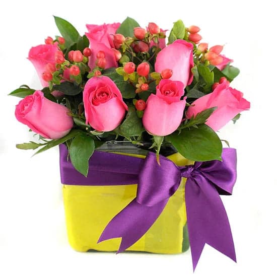 12 Rosas Fucsia con Hipérico | Arreglo CDMX