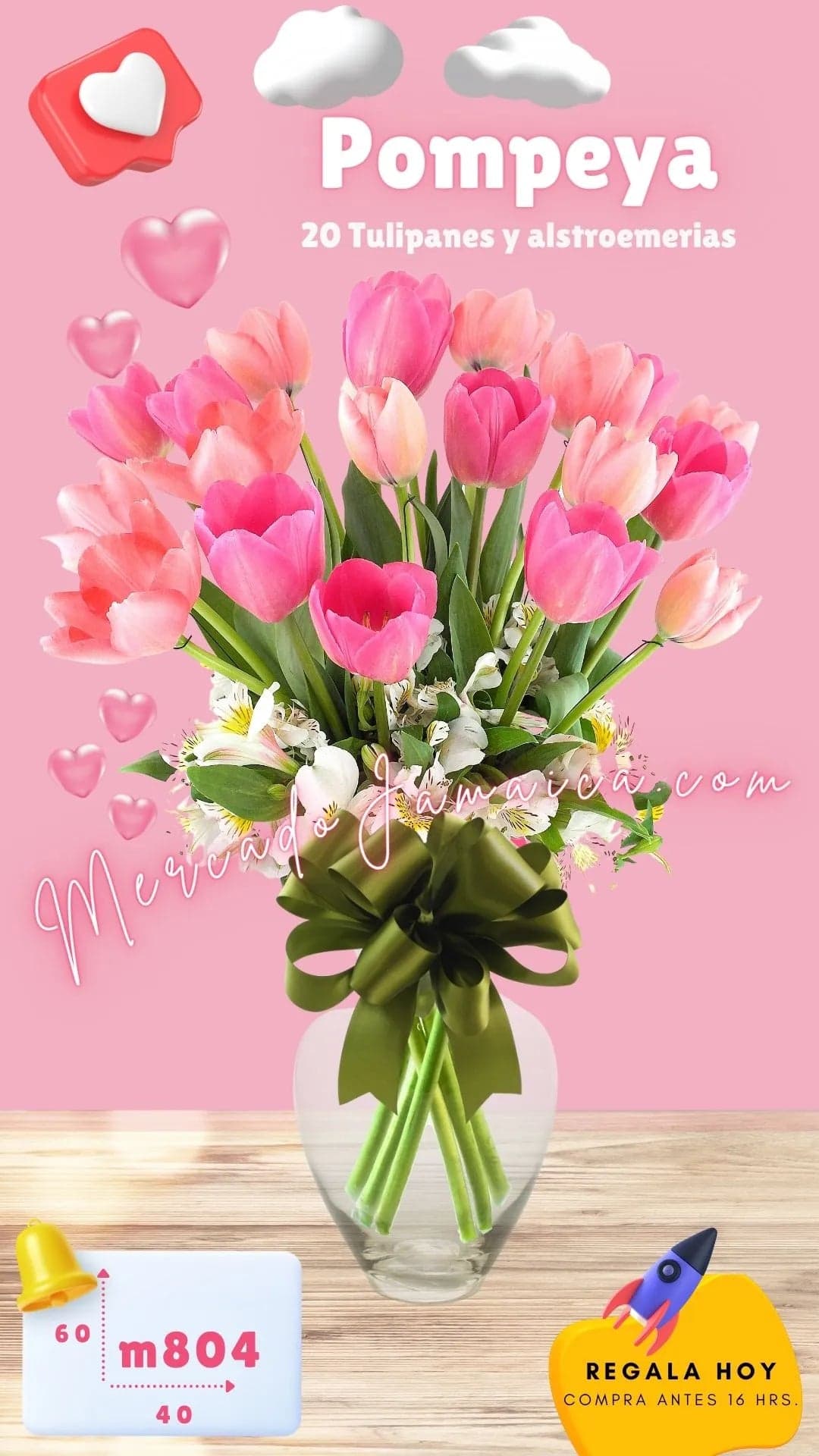 30 Tulipanes Rosa y Alstroemerias en Jarrón CDMX