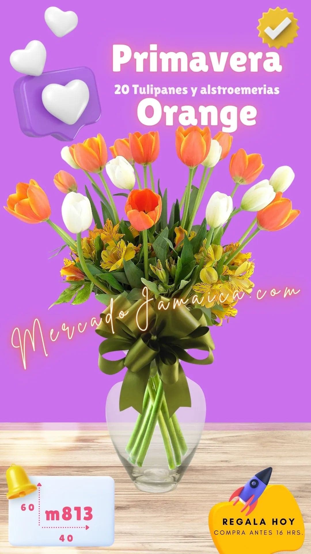 30 Tulipanes Naranja, Blanco y Alstroemerias CDMX