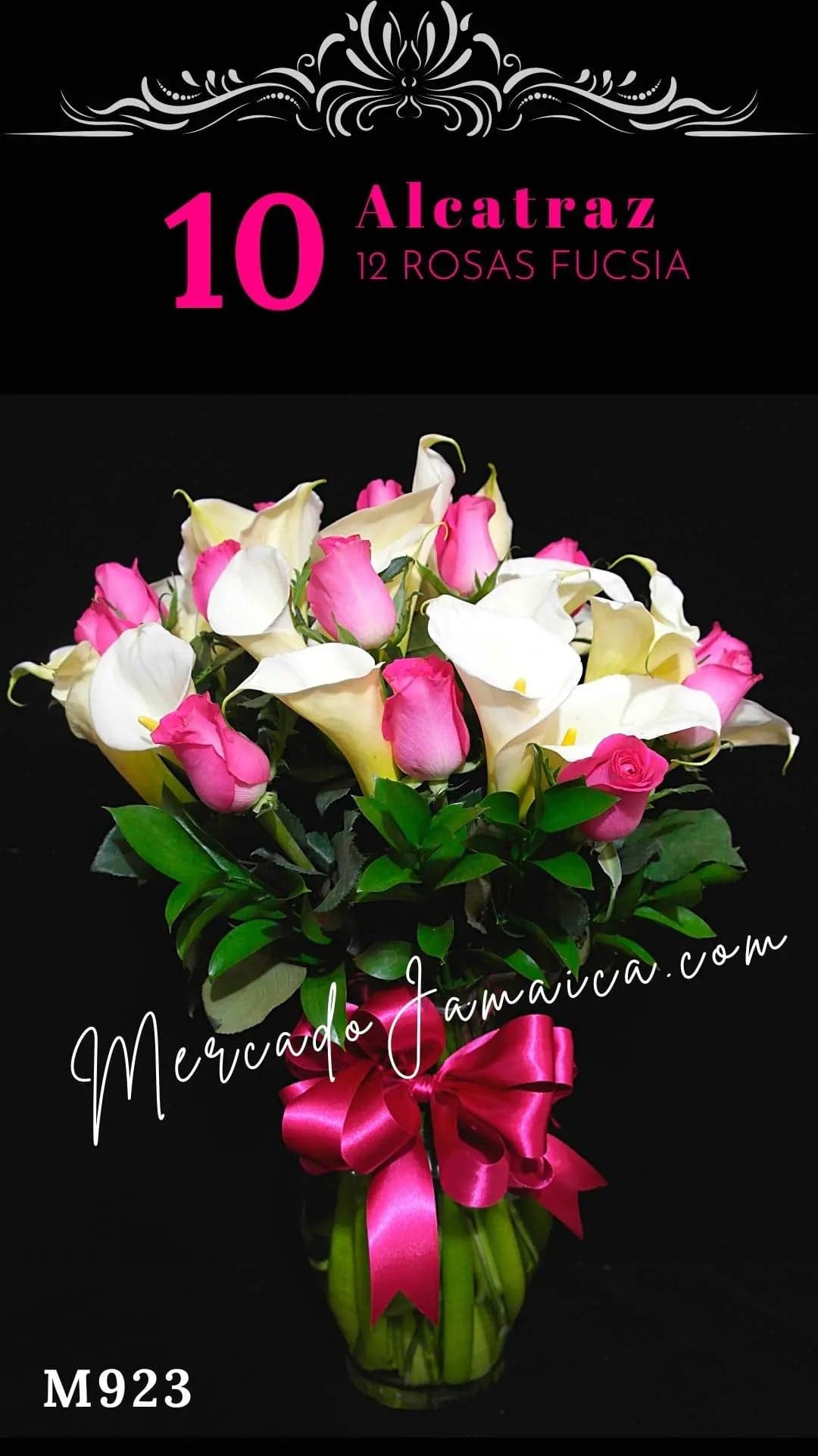 Arreglo Alcatraz y 12 Rosas Fucsia en Jarrón CDMX