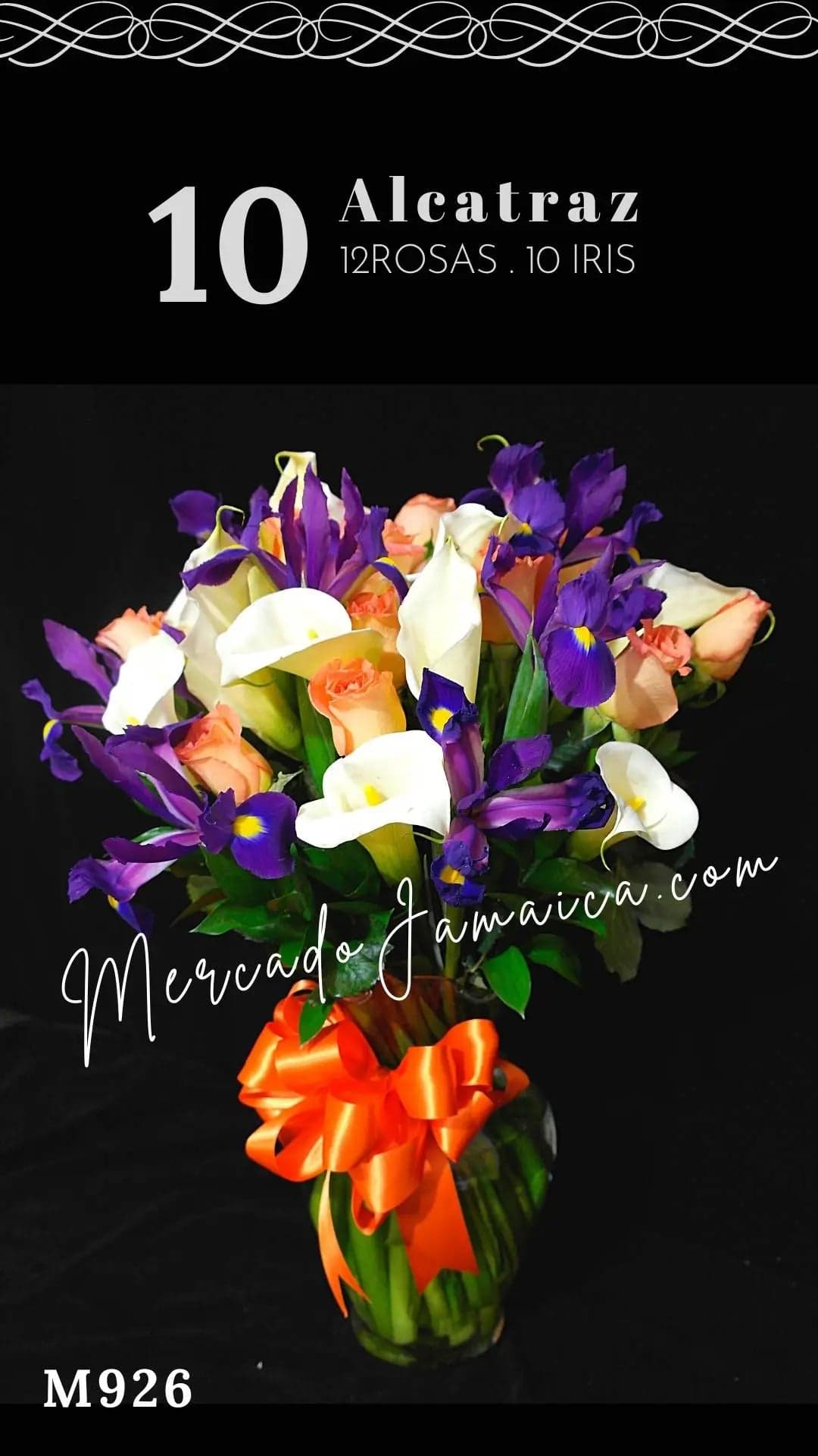 Arreglo Alcatraz, 12 Rosas Naranja e Iris Azul CDMX