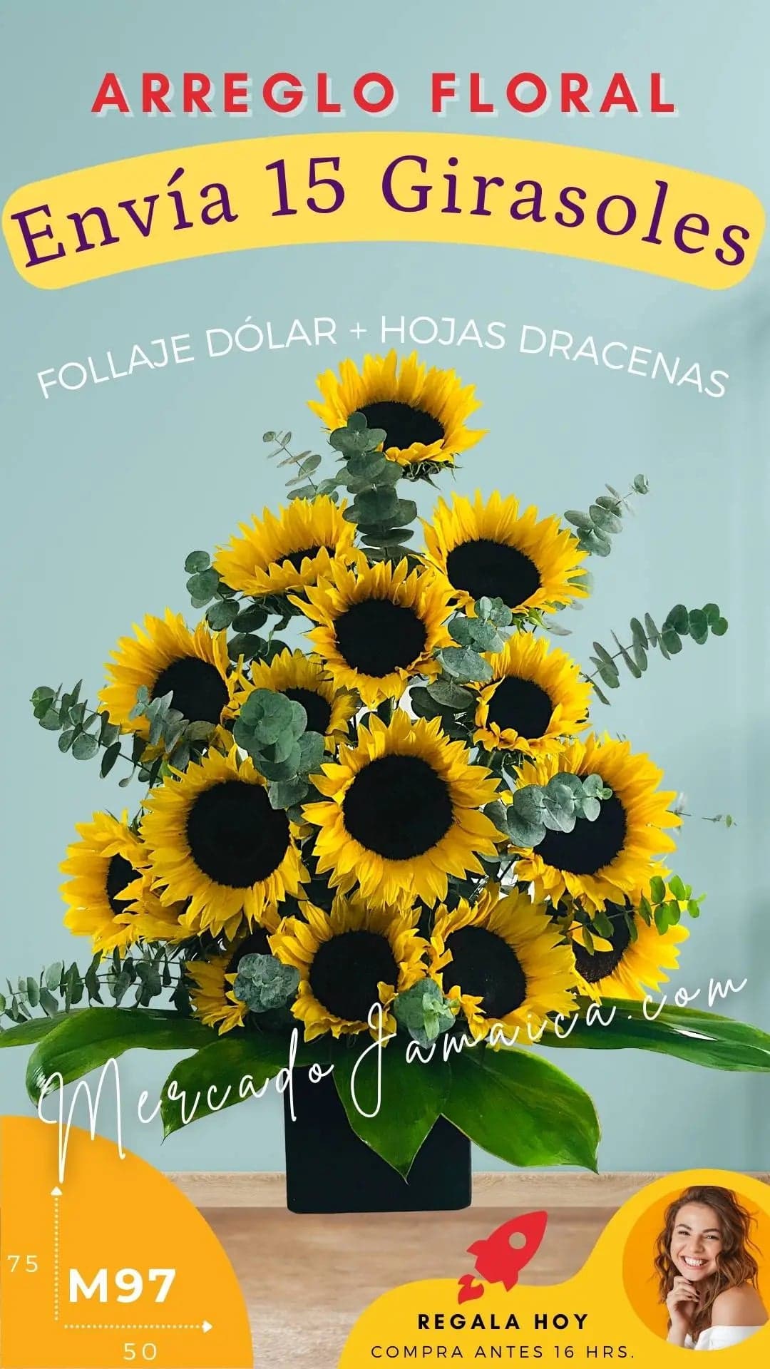 15 Girasoles Amarillos en Canasta · CDMX