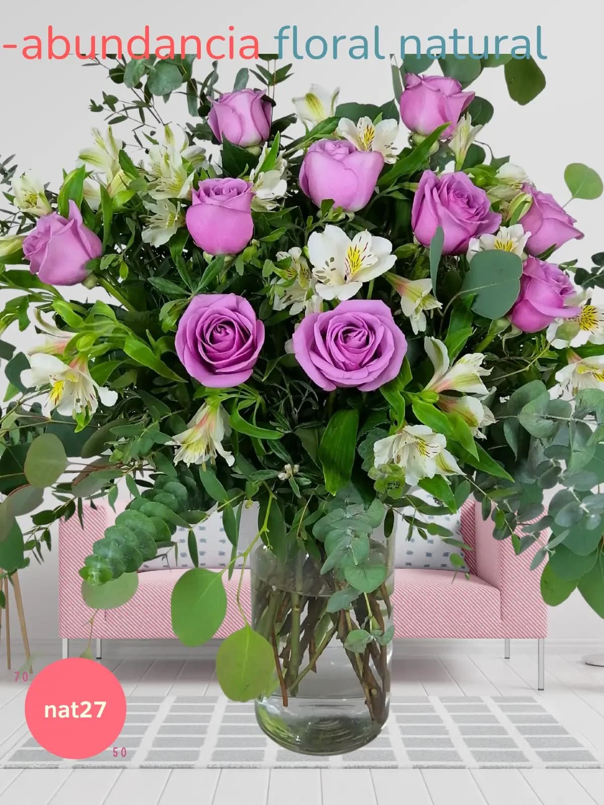 Arreglo 12 Rosas Lila y Alstroemerias en Florero CDMX