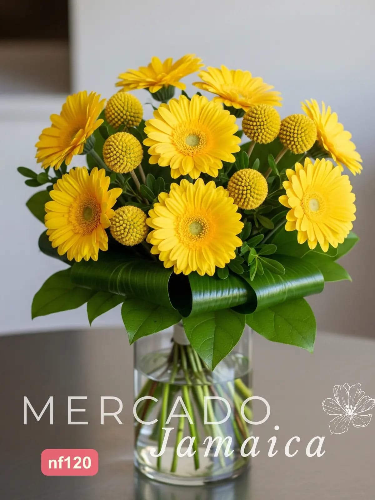 10 Gerberas Amarillas y Craspedias en Florero CDMX