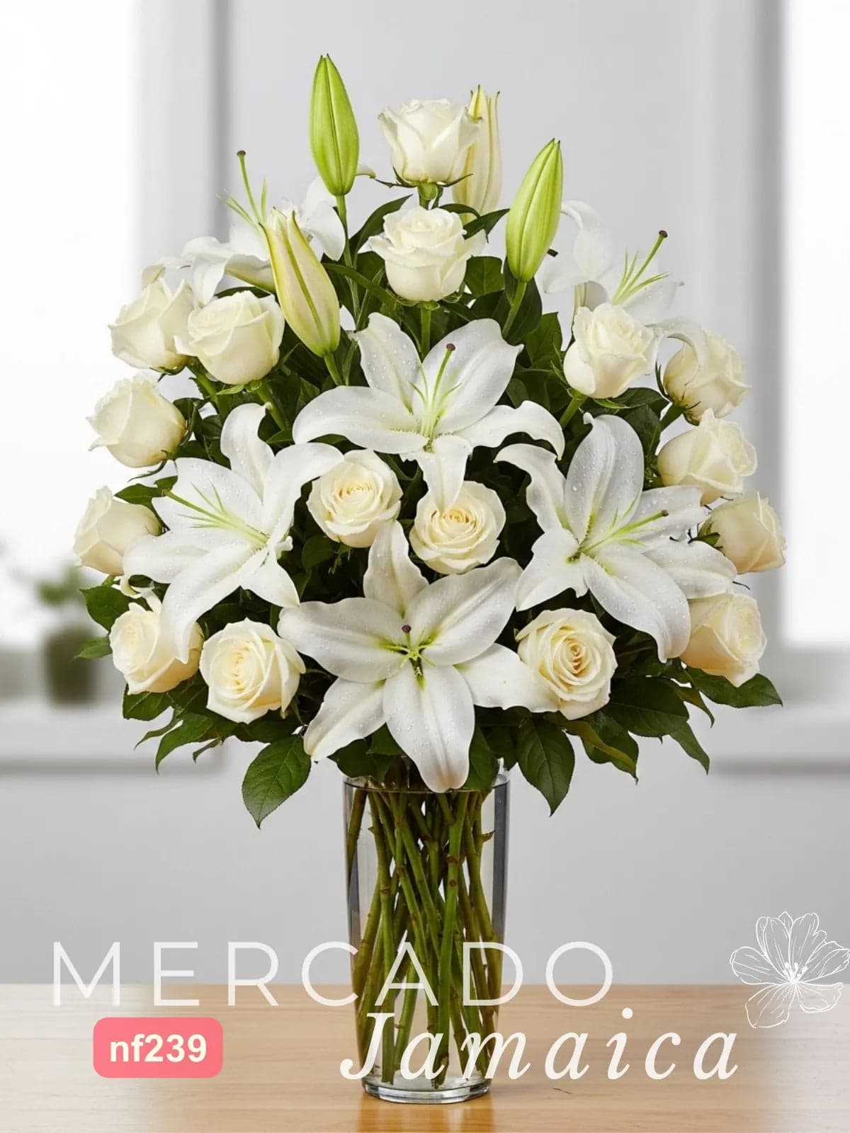Arreglo Lirios Casablanca y 18 Rosas Blancas CDMX