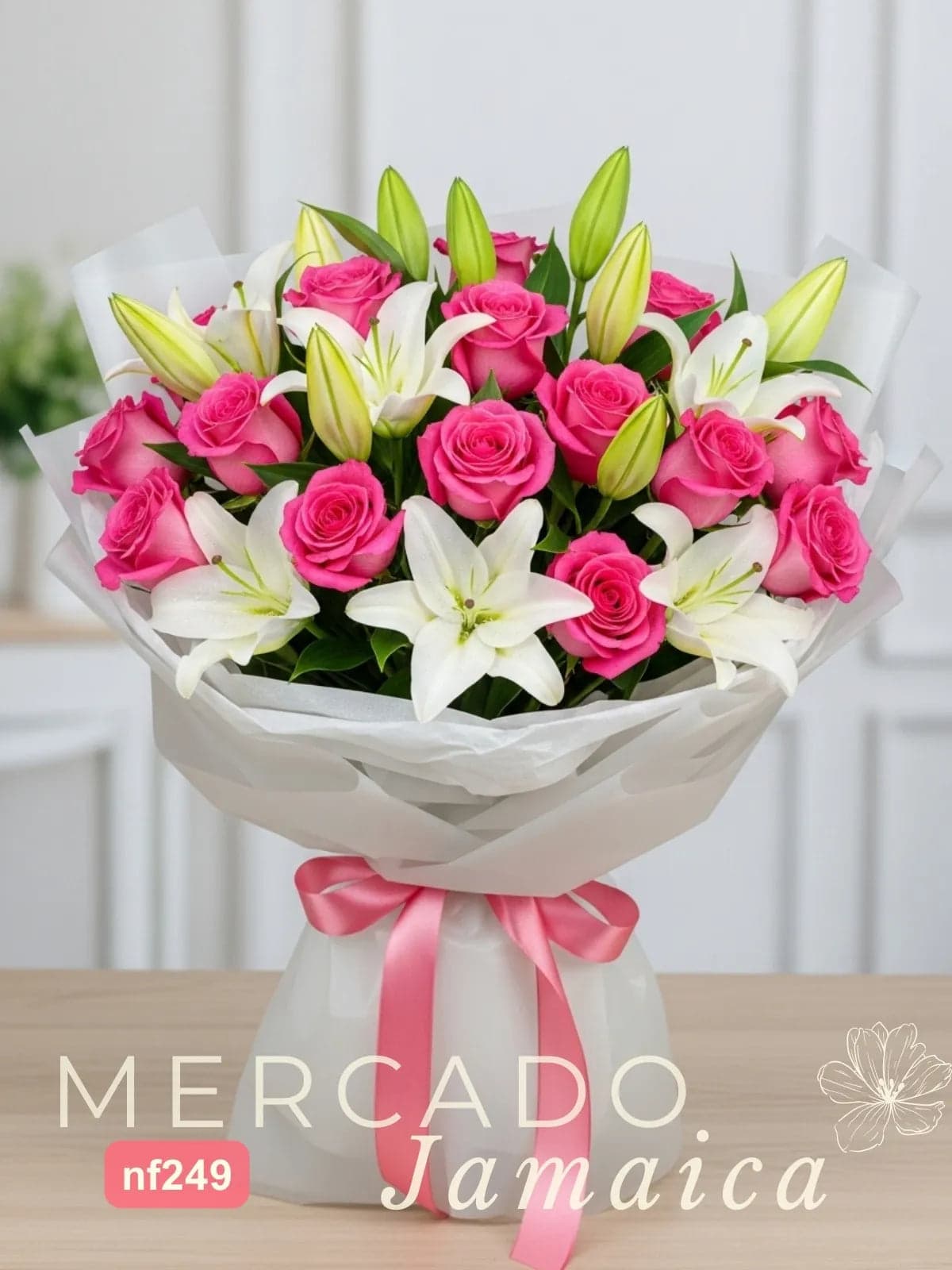 Ramo de Lujo: 5 Lirios Casablanca y 18 Rosas Fucsia
