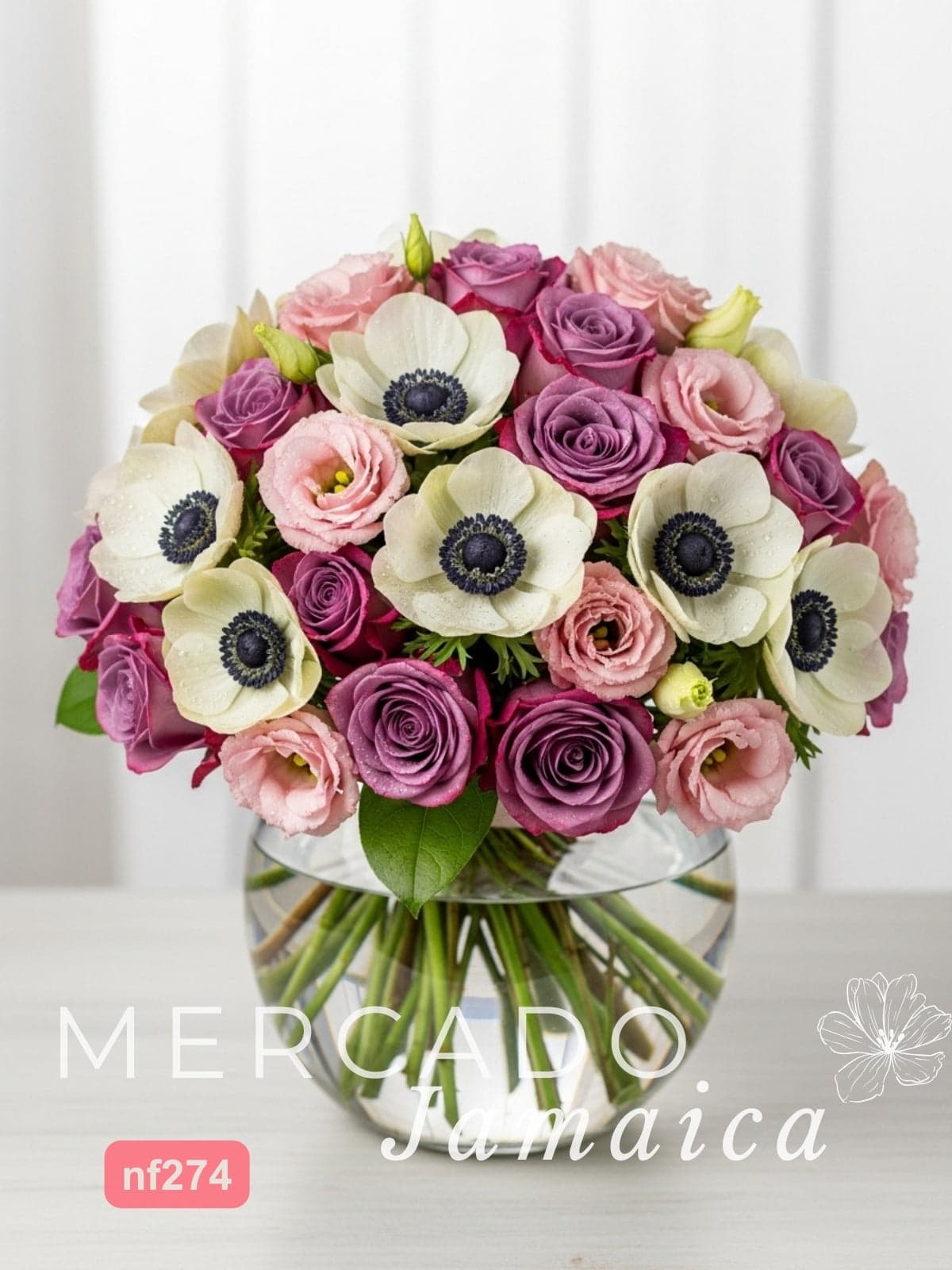 24 Rosas Moradas y Anémonas en Florero CDMX