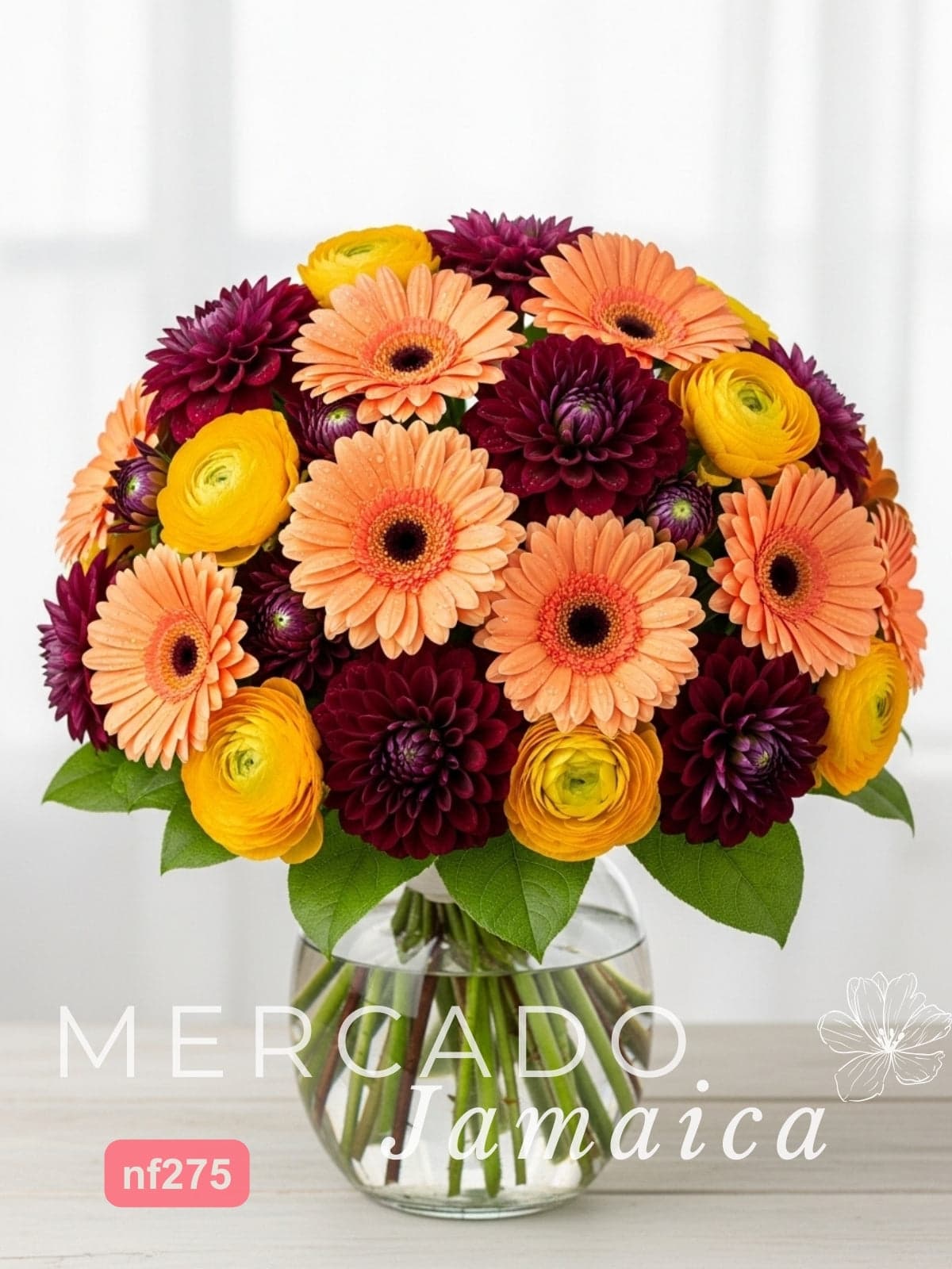 Dalias, Gerberas y Ranúnculos en Florero · CDMX