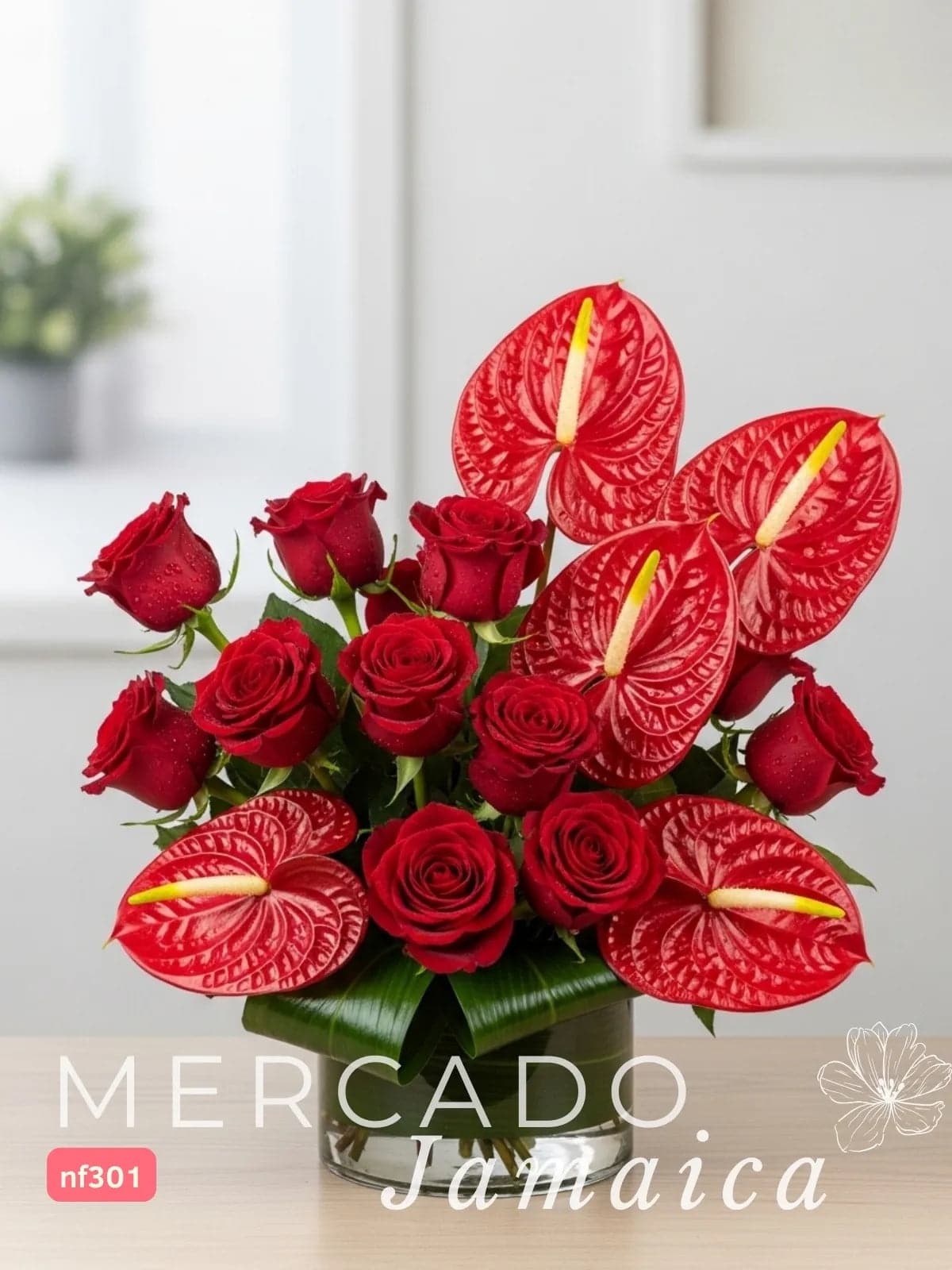 24 Rosas Rojas y 5 Anturios en Florero | CDMX