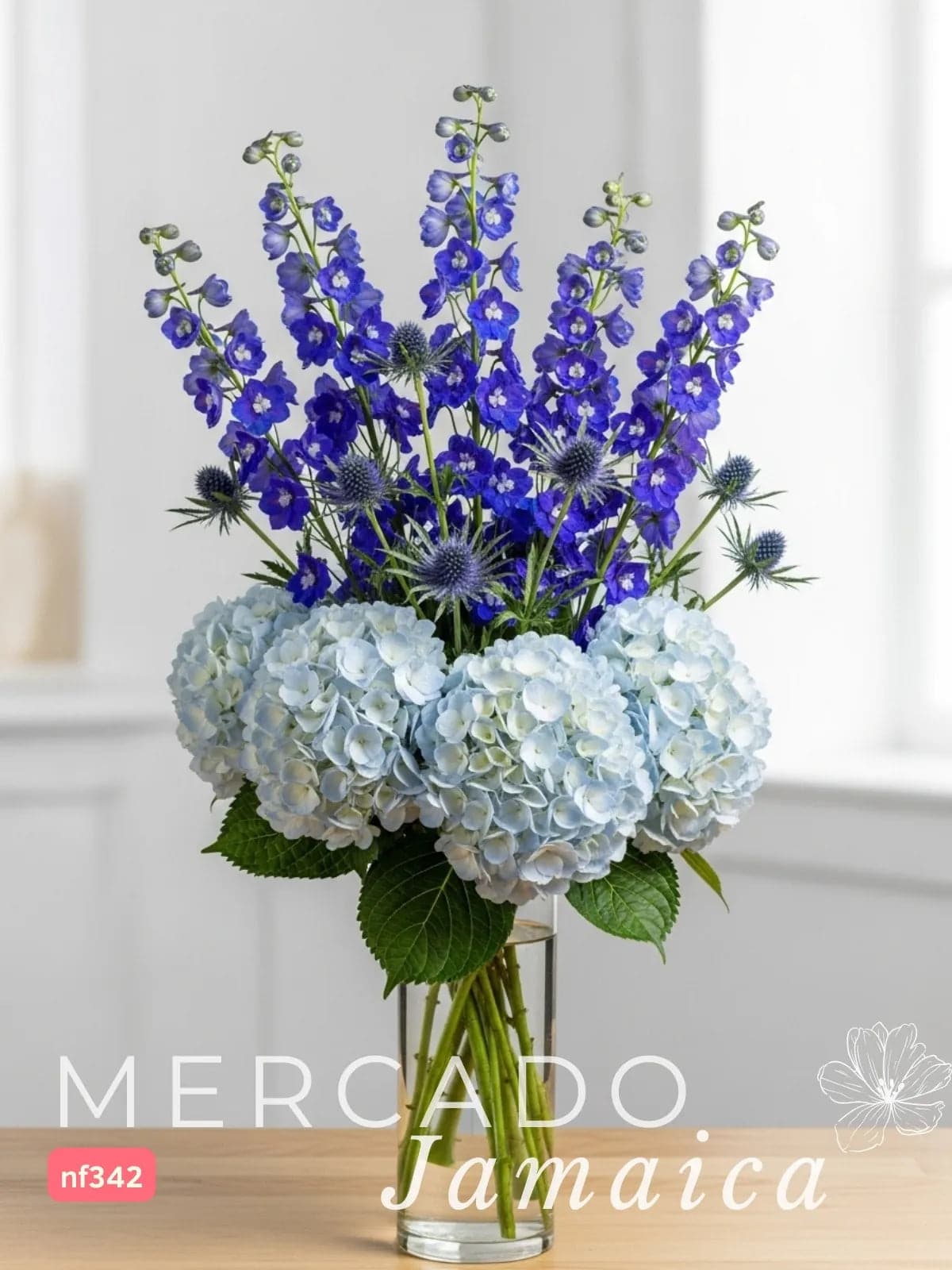 Arreglo Azul: Hortensias, Eryngium y Delphinium CDMX
