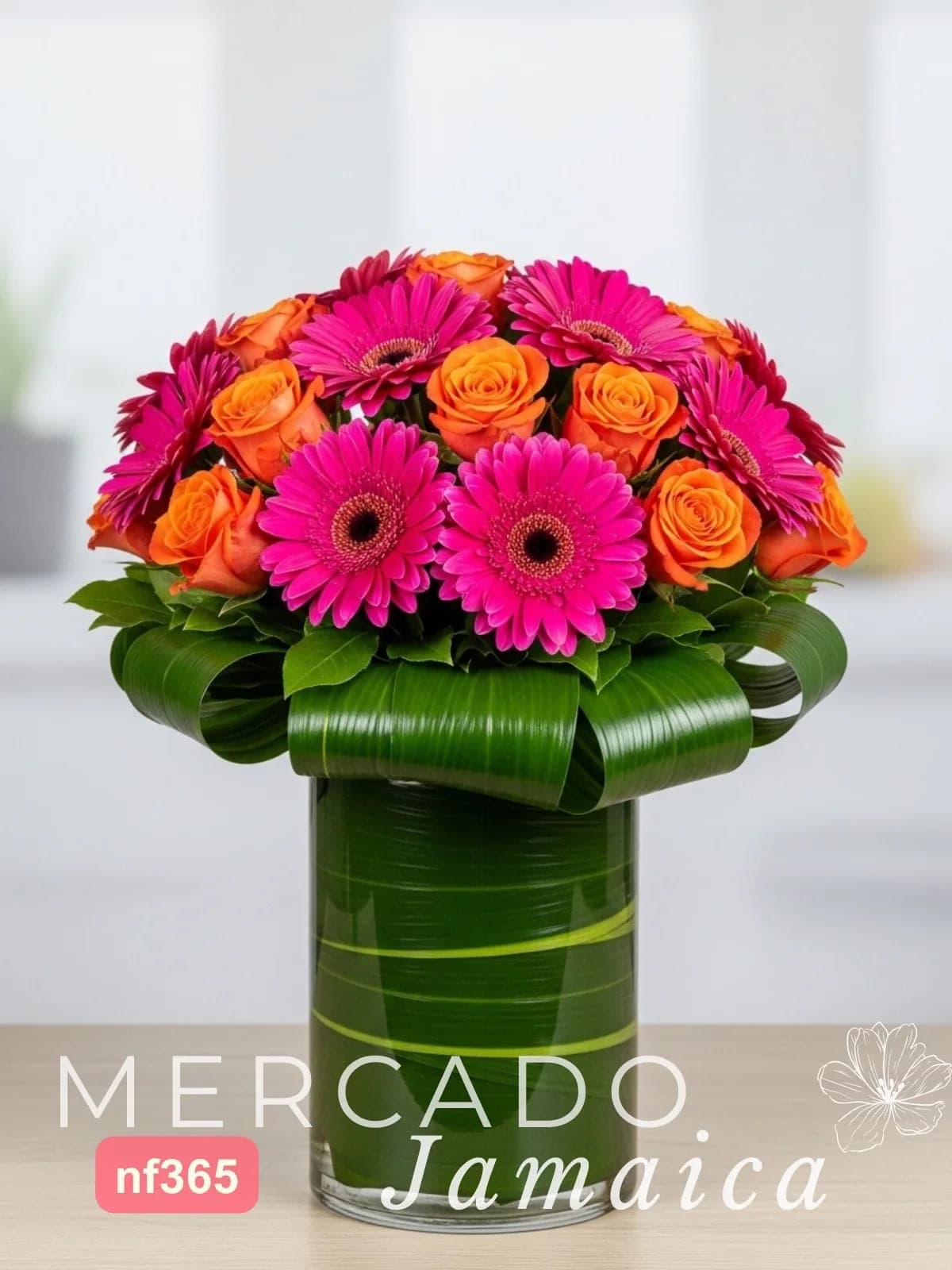 Arreglo 10 Gerberas Fucsia y 24 Rosas Naranja CDMX