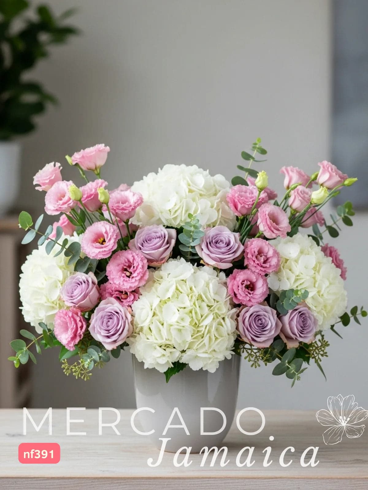 Arreglo 24 Rosas Lila y Hortensias en Cerámica CDMX