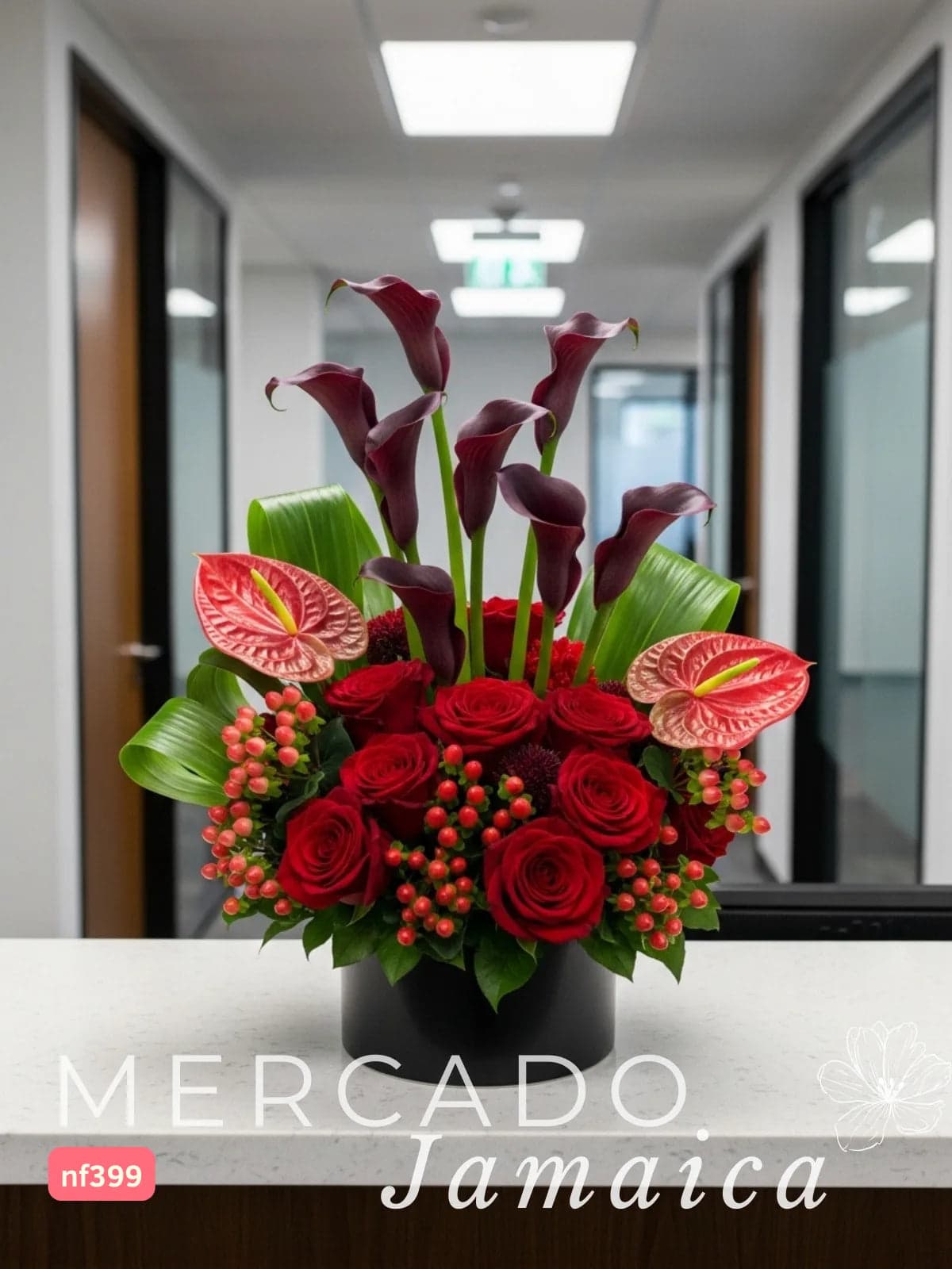 Arreglo Callas Negras, Rosas y Anturios Rojos CDMX