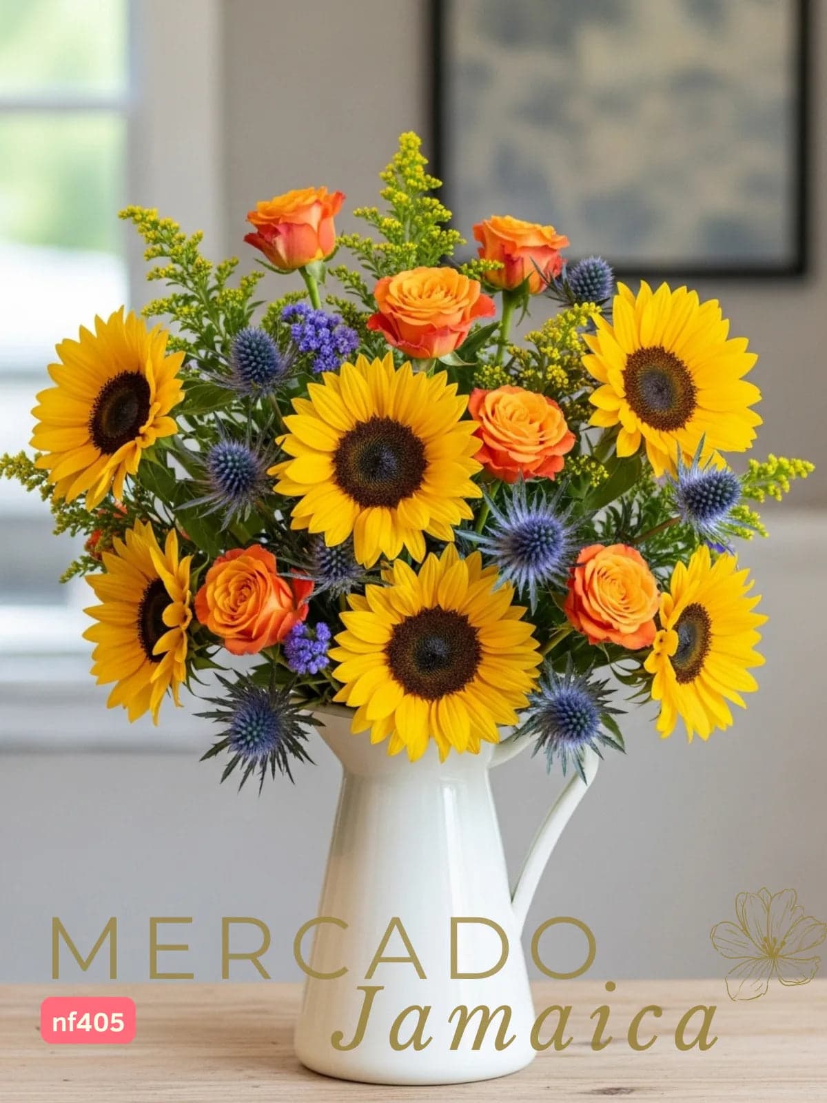 Arreglo Girasoles, Rosas Naranja y Eryngium CDMX