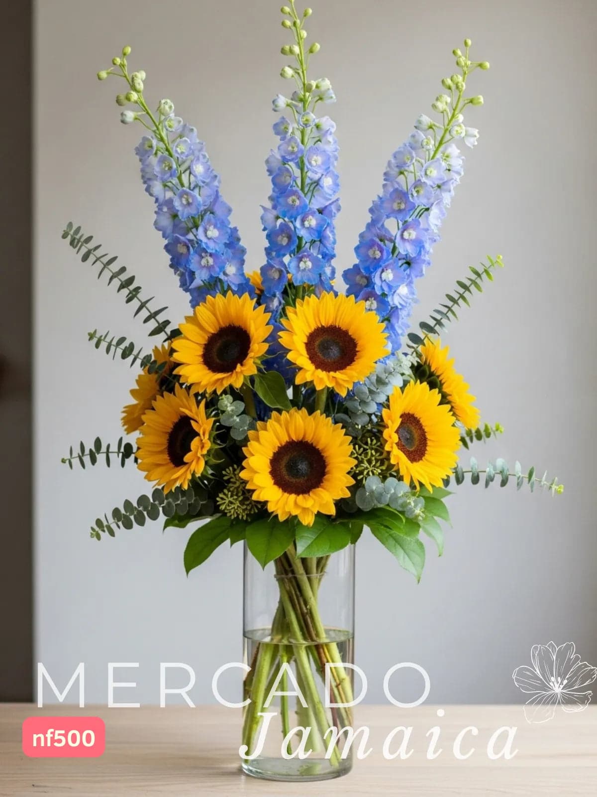 10 Girasoles Cielo de Verano con Delphinium CDMX