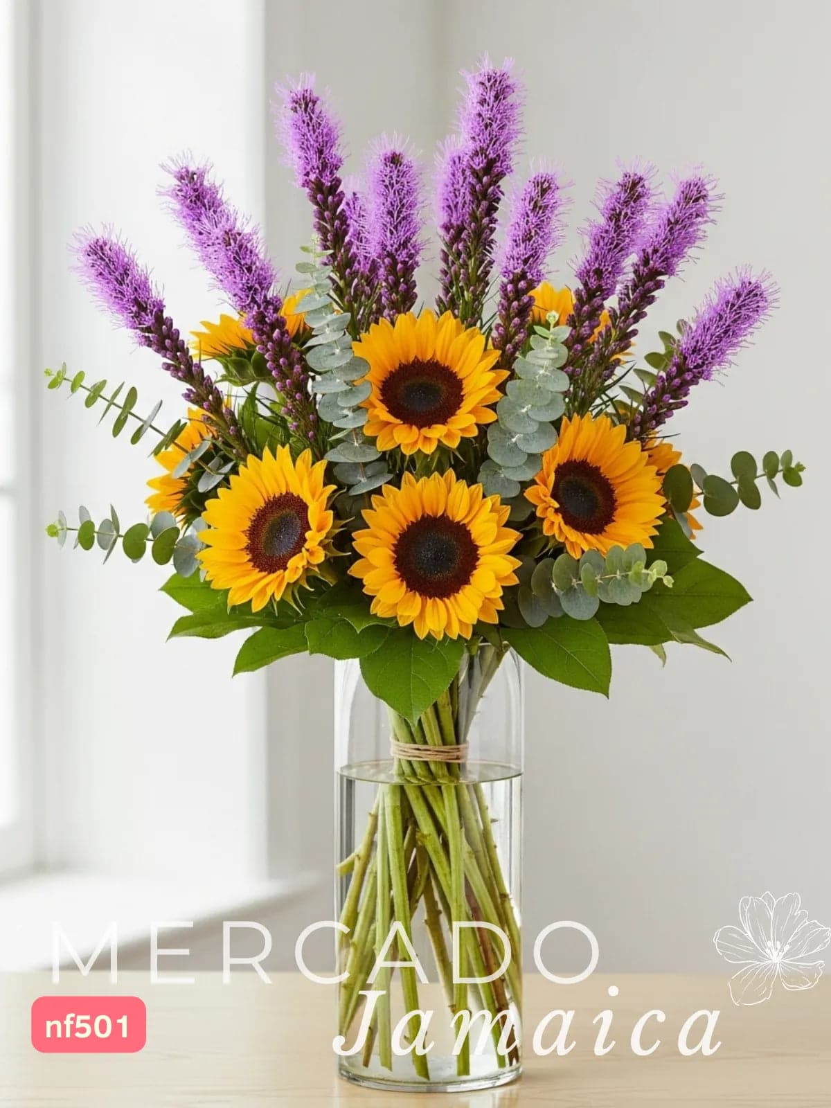 10 Girasoles con Liatris en Florero | CDMX