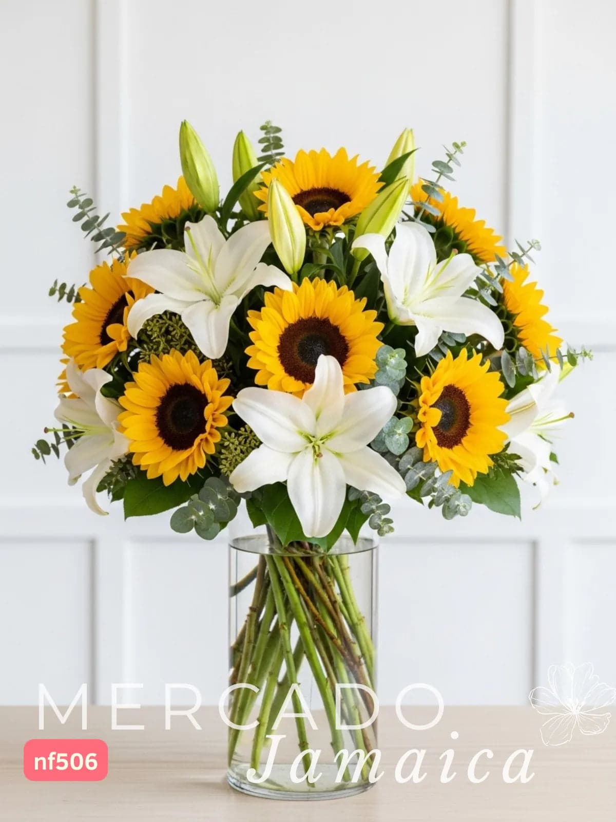 Arreglo 10 Girasoles y Casablanca en Florero CDMX