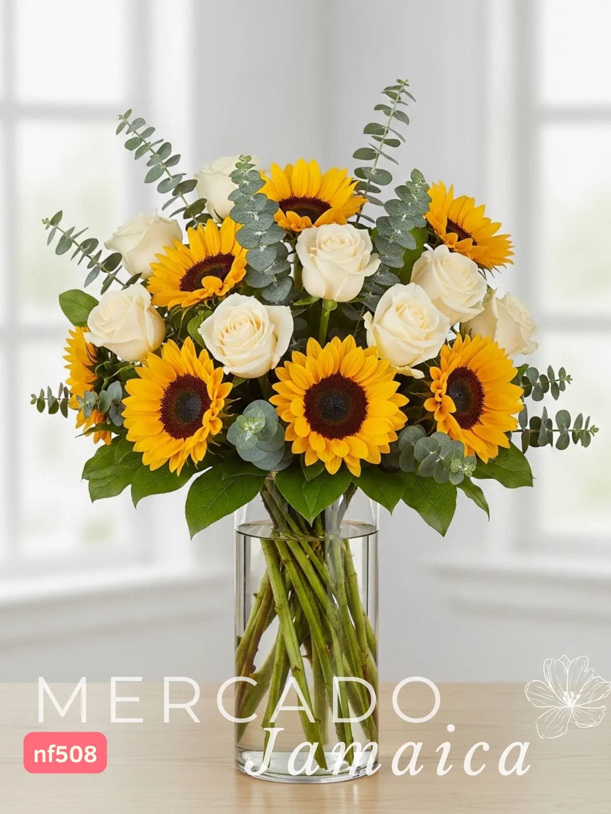 10 Girasoles y 18 Rosas Champagne con Florero CDMX