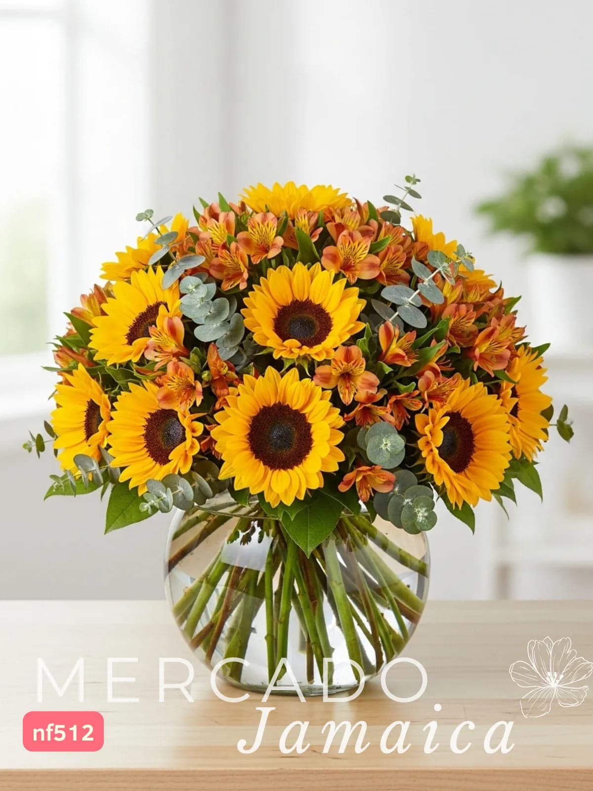15 Girasoles y Alstroemerías Naranja con Florero CDMX
