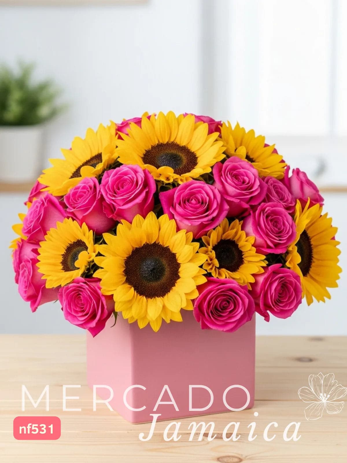 Arreglo 10 Girasoles y 24 Rosas Fucsia CDMX