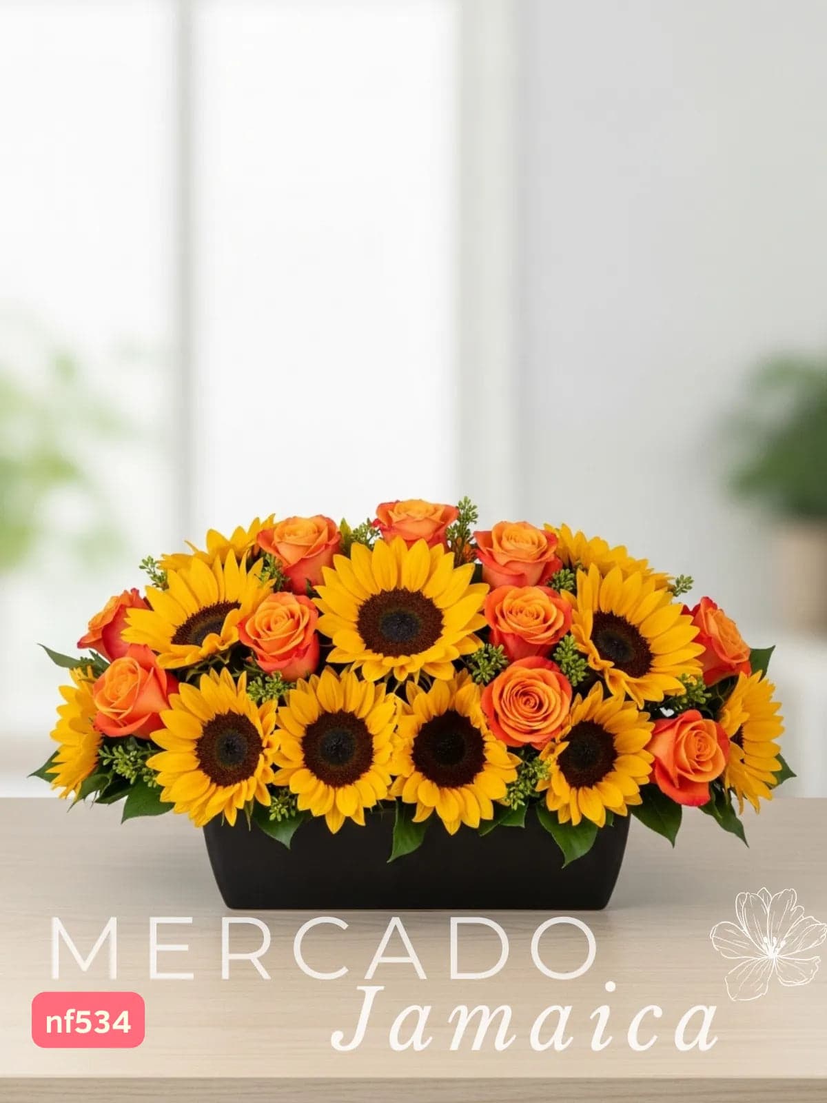 10 Girasoles y 24 Rosas Naranja en Florero CDMX