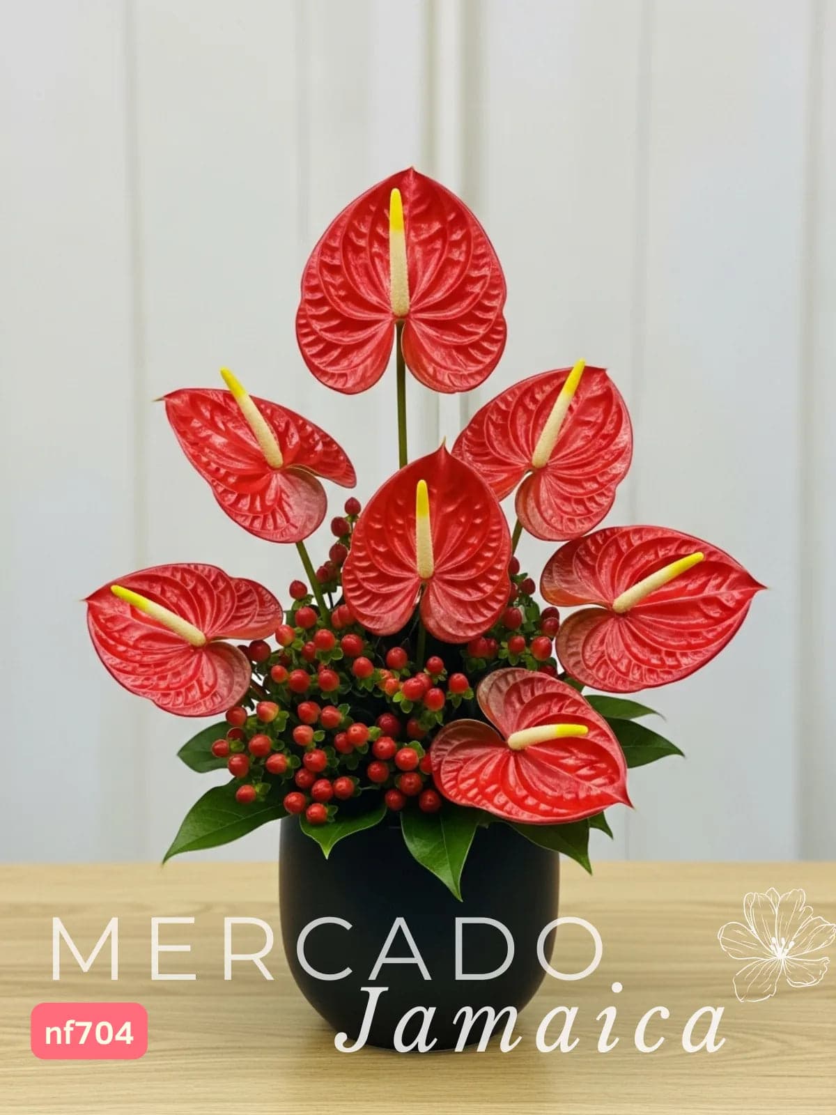 7 Anturios Rojos en Florero de Cerámica CDMX