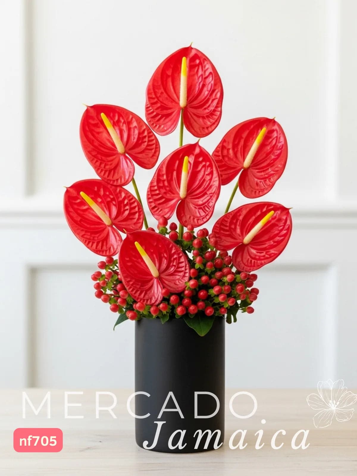 7 Anturios Rojos en Florero de Cerámica CDMX
