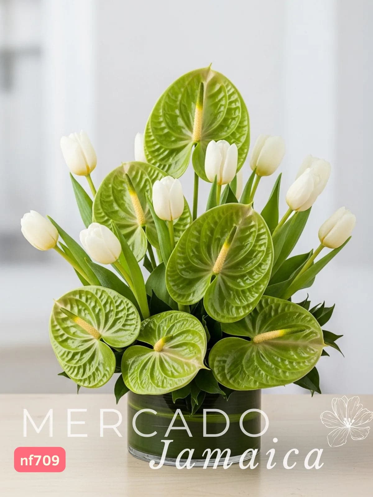 10 Tulipanes Blancos y Anturios Verdes CDMX
