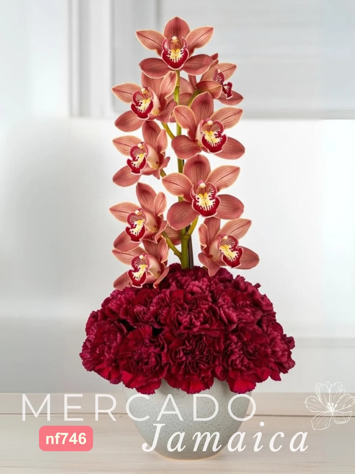 Arreglo Orquídea Cymbidium Roja y 20 Claveles CDMX