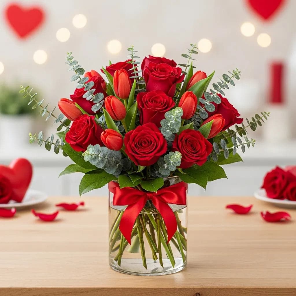12 Rosas y 10 Tulipanes Rojos en Cilindro CDMX