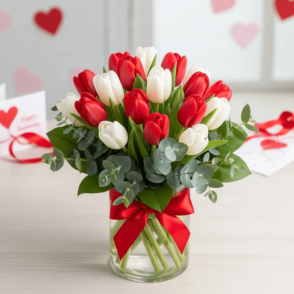 20 Tulipanes Blancos y Rojos en Florero CDMX